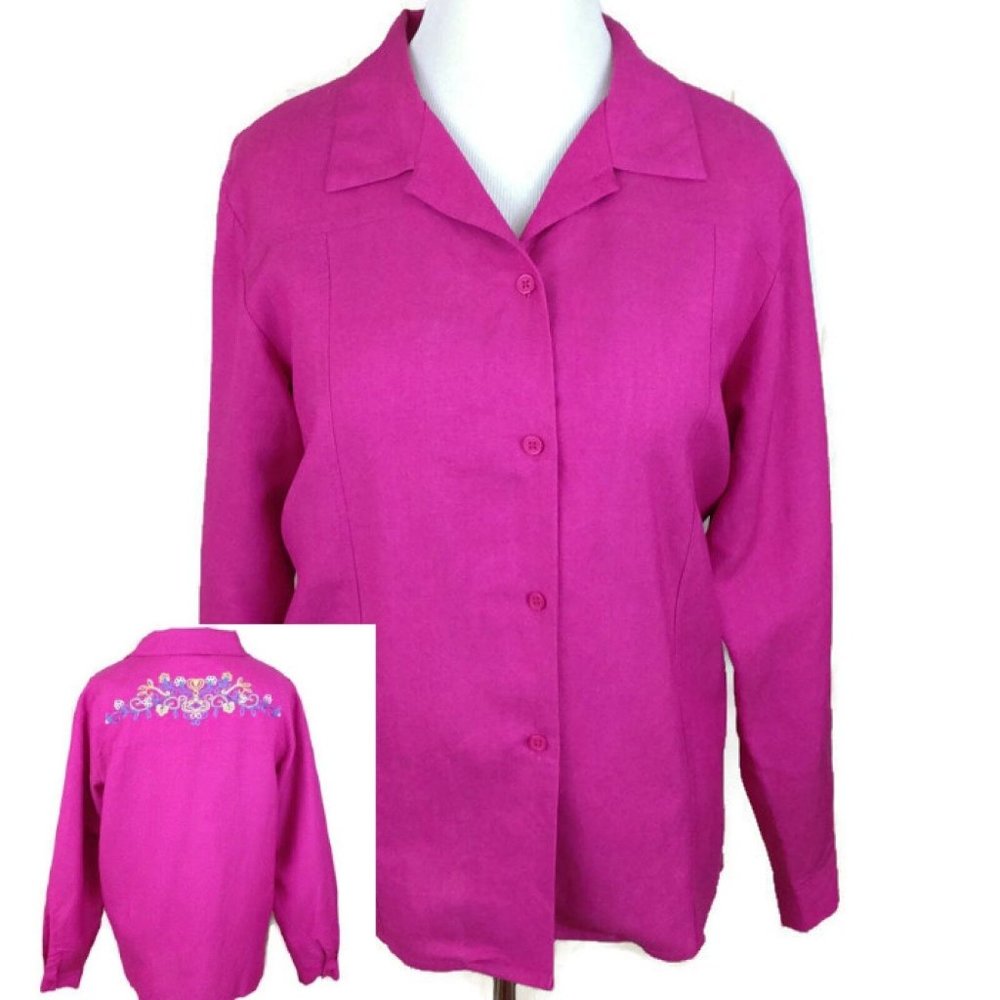 Susan Graver Linen Blend Blouse Embroidery Bead Pink LS Top Womens Sz. L Large